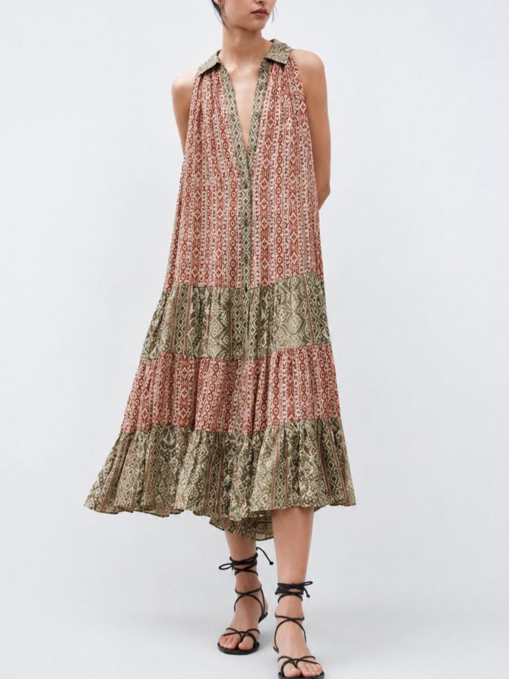 Zara The Serena Dress XS NWT Boho Tiered Midi Maxi Dress Aztec Print Flowy Colla